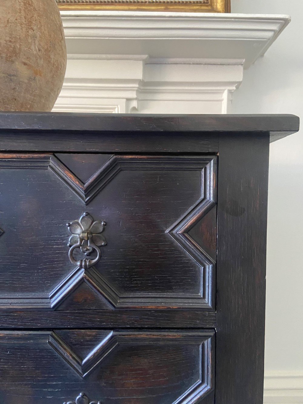 A 3 Drawer Oak Geometric Antique Chest of Drawers, English C1920, 91cm View V