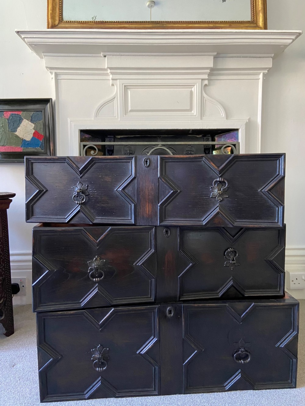 A 3 Drawer Oak Geometric Antique Chest of Drawers, English C1920, 91cm View X