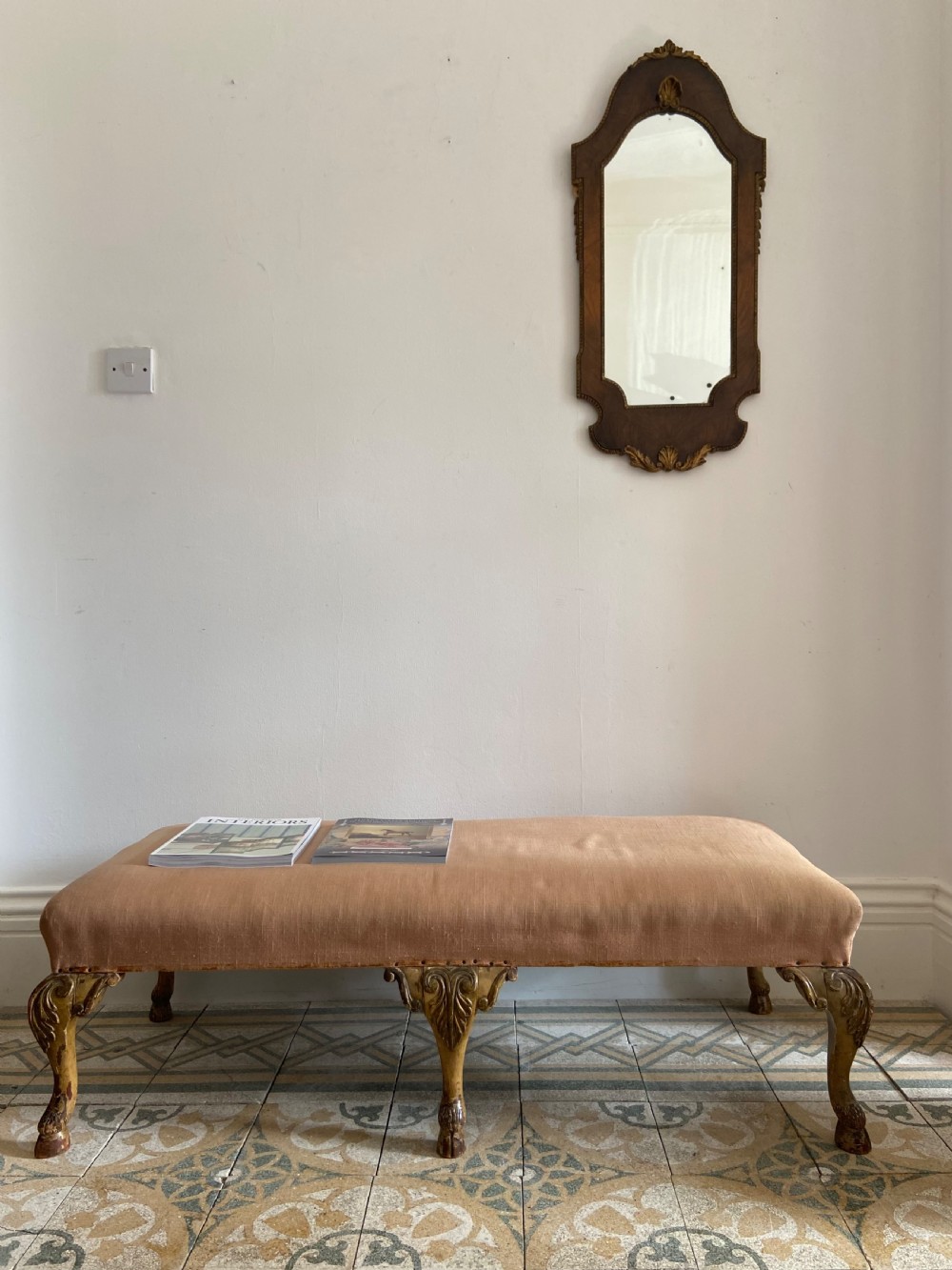 A George 1 Style 120cm Antique Stool with 6 Cabriole Legs and Hoof Feet, C1900