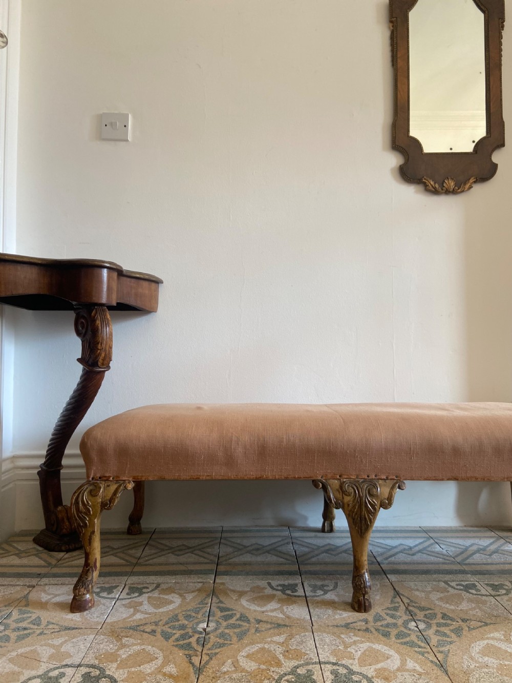 A George 1 Style 120cm Antique Stool with 6 Cabriole Legs and Hoof Feet, C1900 View IV