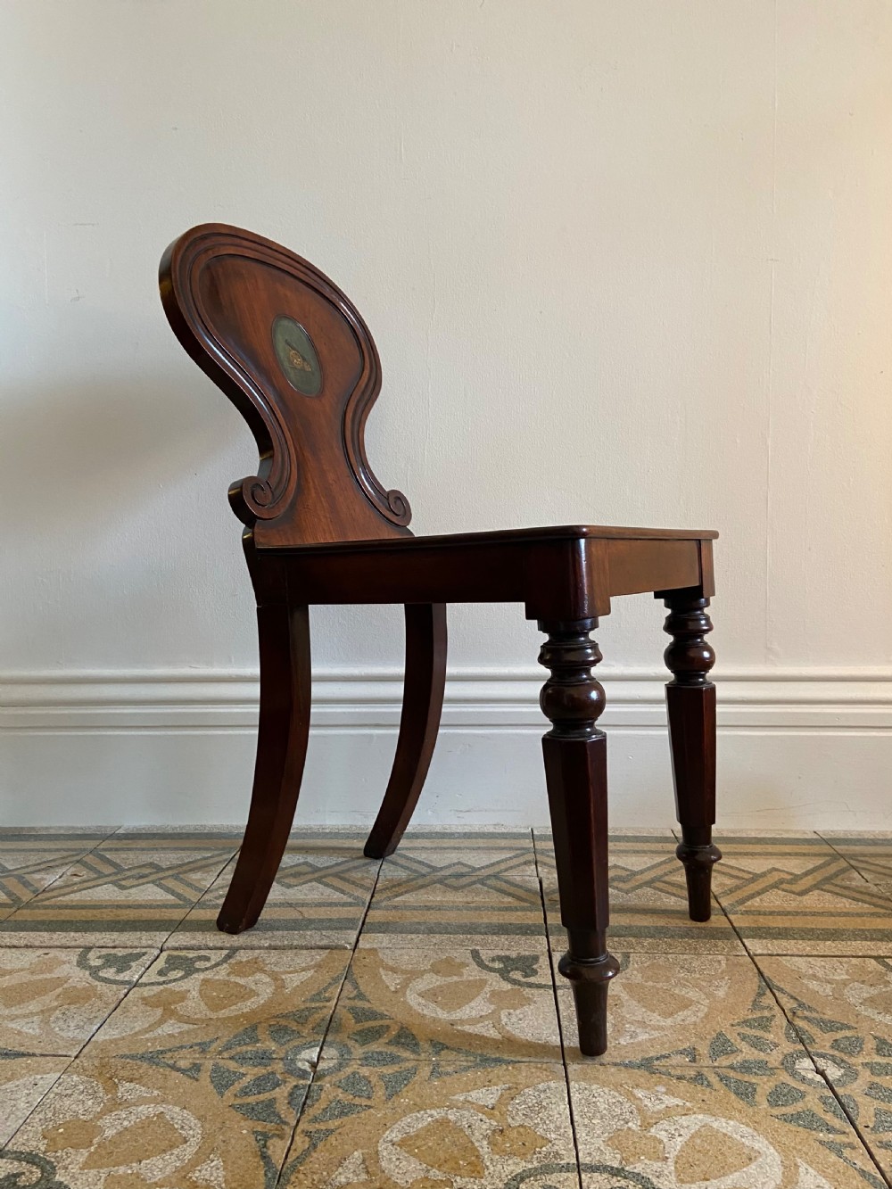 Early19th Century Mahogany Heraldic Crest Hall Chair, C1835, Armorial Oval Crest View V