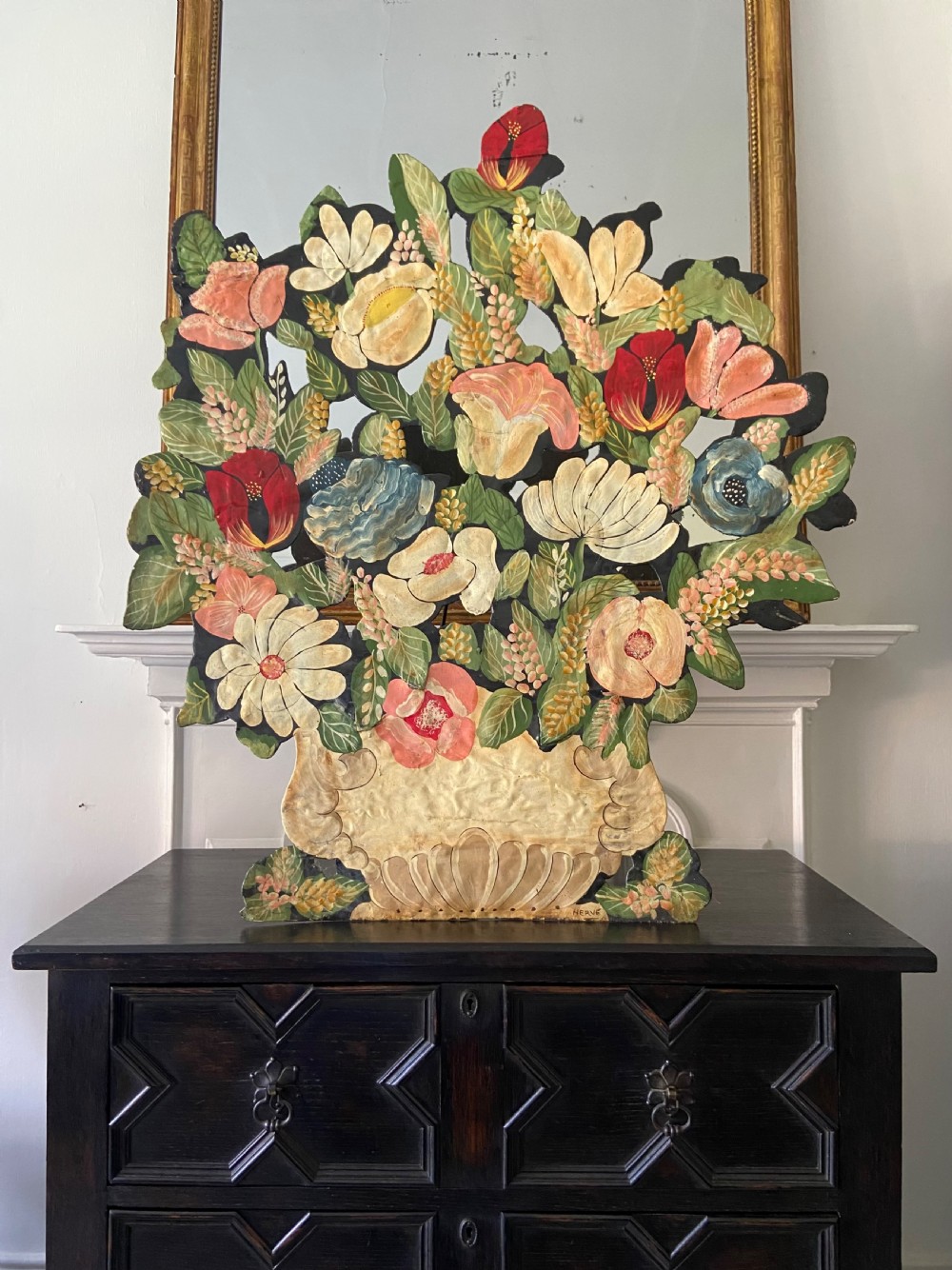 A 19thC Toleware Metal, Large Hand Painted Floral Fire Screen, 91cm, signed