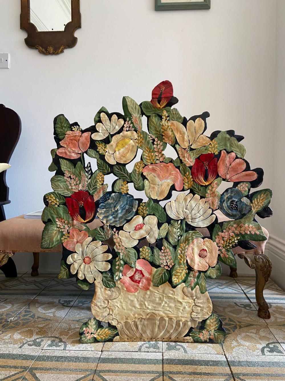 A 19thC Toleware Metal, Large Hand Painted Floral Fire Screen, 91cm, signed View XI