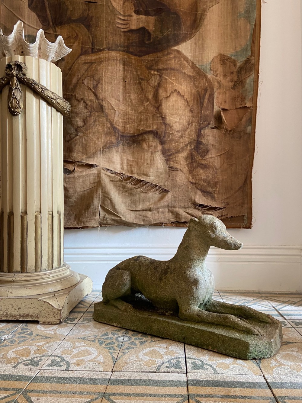 Antique Recumbent Greyhound, Weathered Composite Stone Circa 1910, 70cm