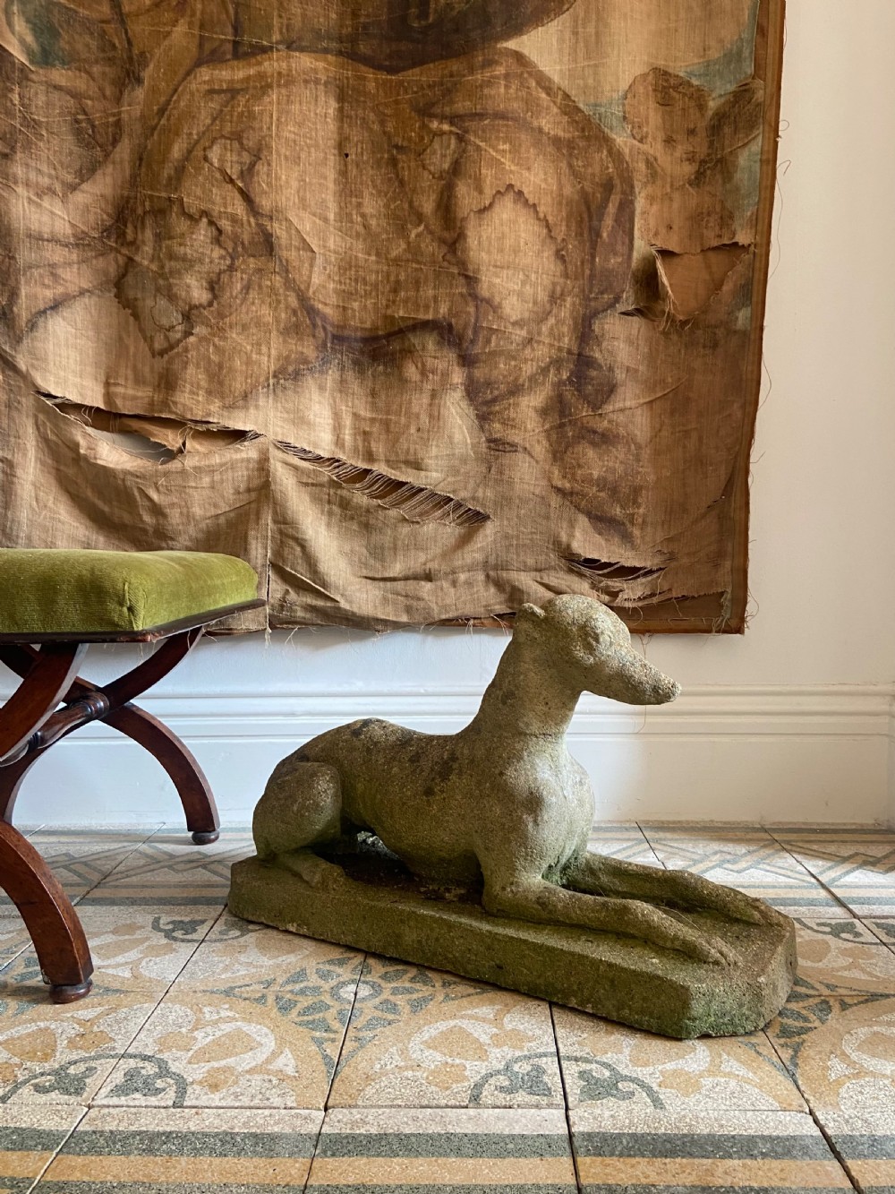 Antique Recumbent Greyhound, Weathered Composite Stone Circa 1910, 70cm View II