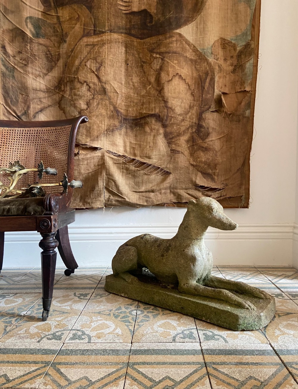 Antique Recumbent Greyhound, Weathered Composite Stone Circa 1910, 70cm View IX