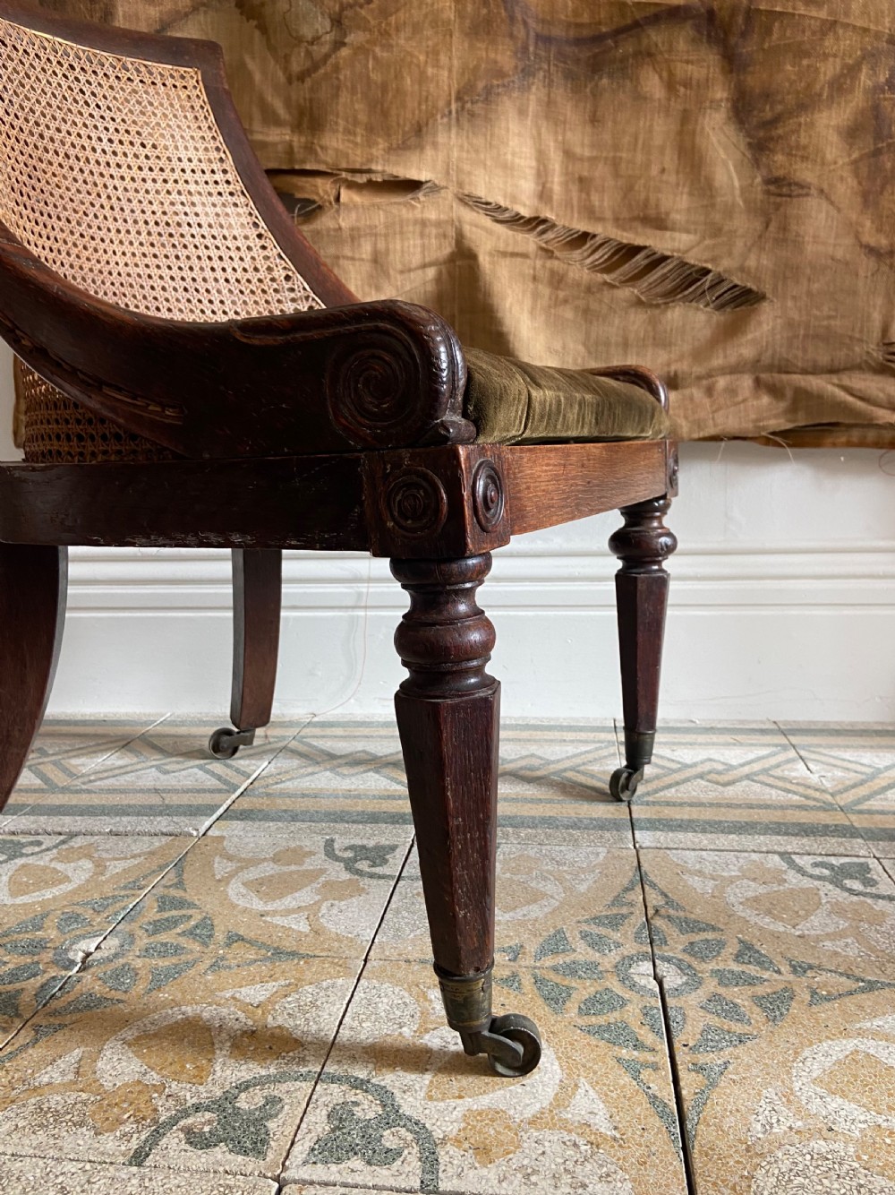 A Simulated Rosewood, Regency Oak Bergere Library Chair C1825, drop-in Seat View V