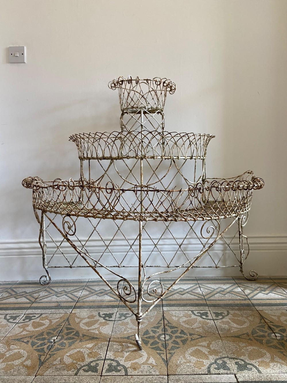 A 19thC English Wirework, 3 Tier Painted Plant Stand, larger 120cm wide model
