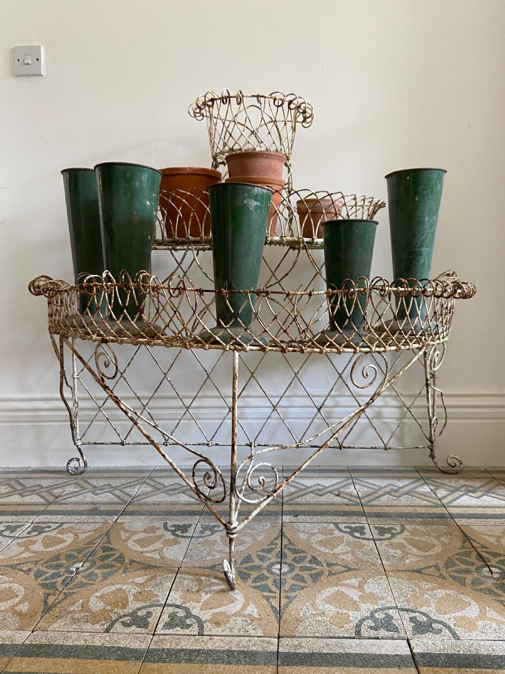A 19thC English Wirework, 3 Tier Painted Plant Stand, larger 120cm wide model View II