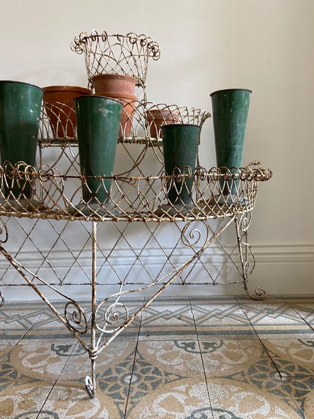 A 19thC English Wirework, 3 Tier Painted Plant Stand, larger 120cm wide model View IX