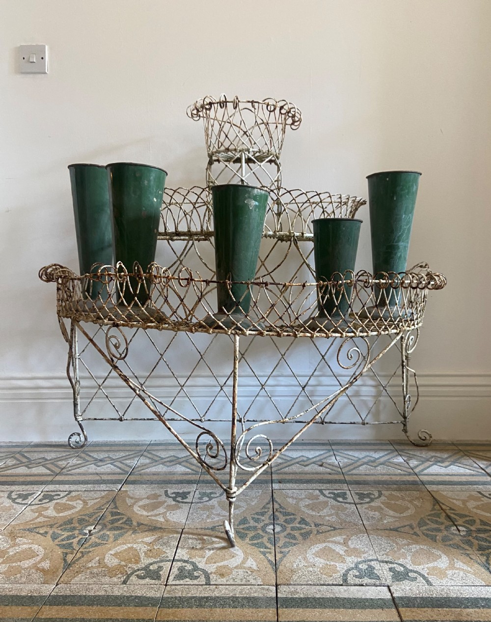 A 19thC English Wirework, 3 Tier Painted Plant Stand, larger 120cm wide model View X