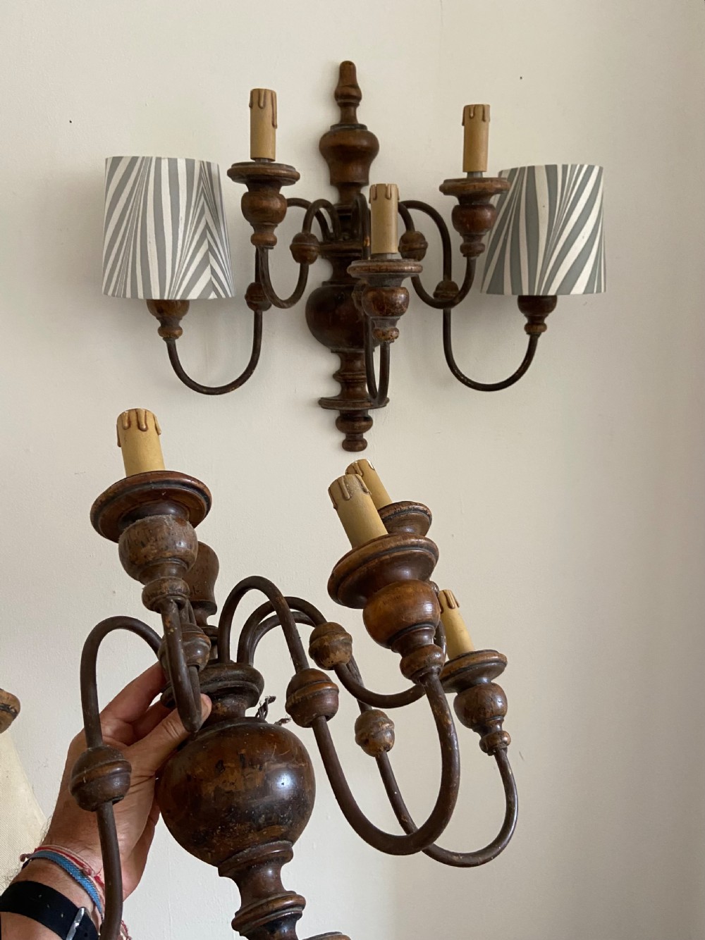 A pair of early 20th century, circa 1900-1920, Large 5 Branch Continental Turned Walnut Wall Sconces, 50cm