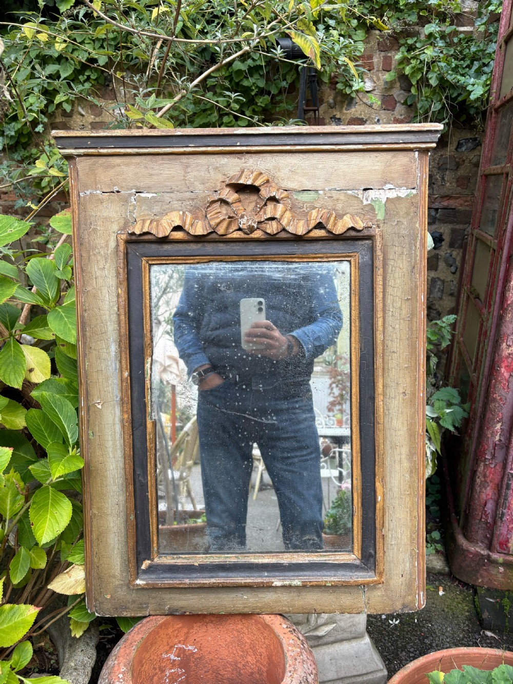 A French 19th Century Painted Frame Mirror, Original Foxed Mirror Plate 70cm View XV