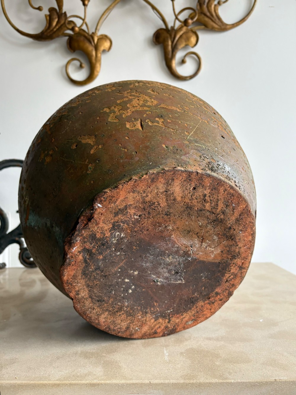 An 18thC French Antique Walnut Oil Jar Provence, Weathered Glaze 38cm diameter View V