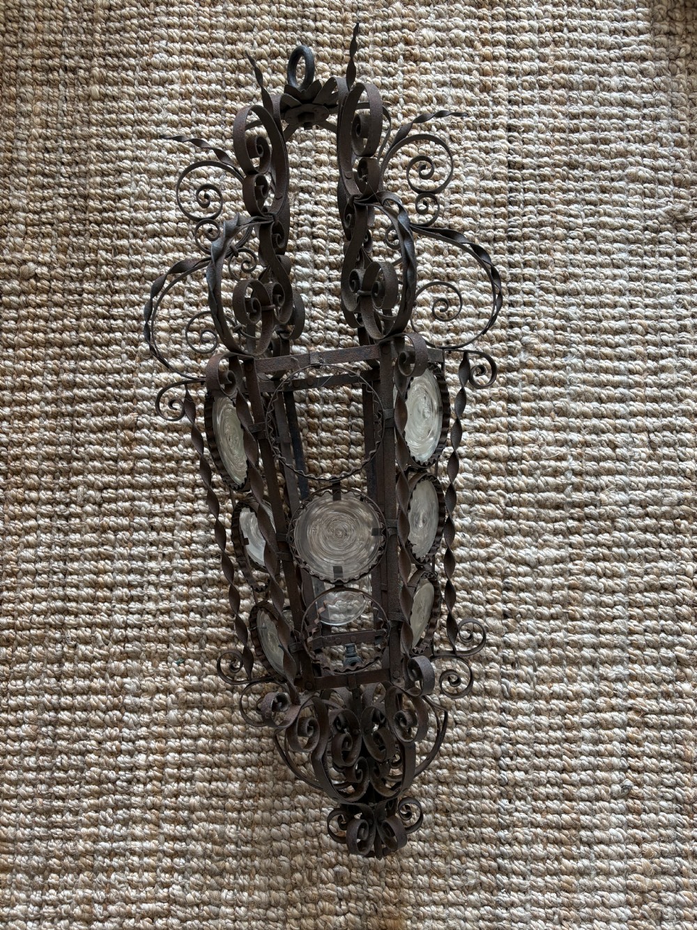 A Southern France Ornate Wrought Metal Hall Lantern, 93cm C1900 View X