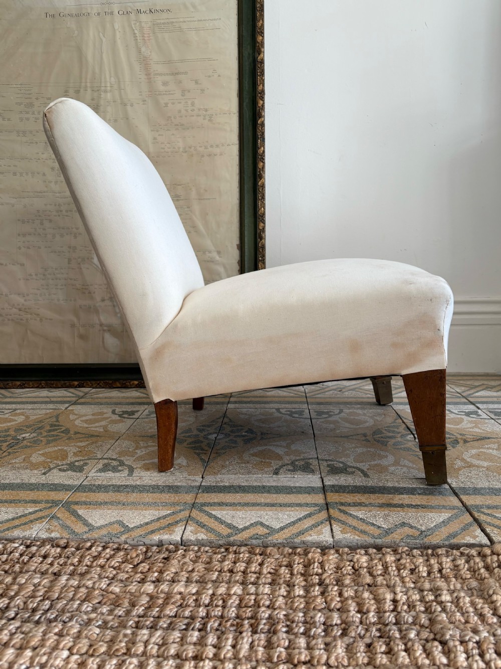 Antique Nursing Chair, English circa 1900, ready to upholster, Brass Cap Feet