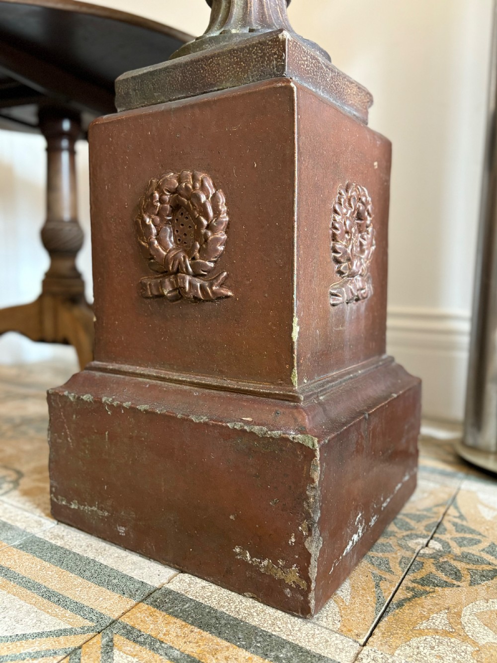 A 19thC Salt Glaze Earthenware Pedestal Base 50cm tall 35cm Sq