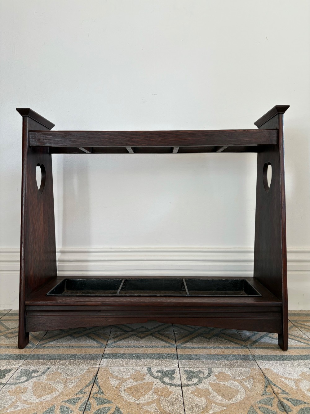 Arts and Crafts, Oak Stick Stand with Original Tray, Retailed by Liberty C1910 View V