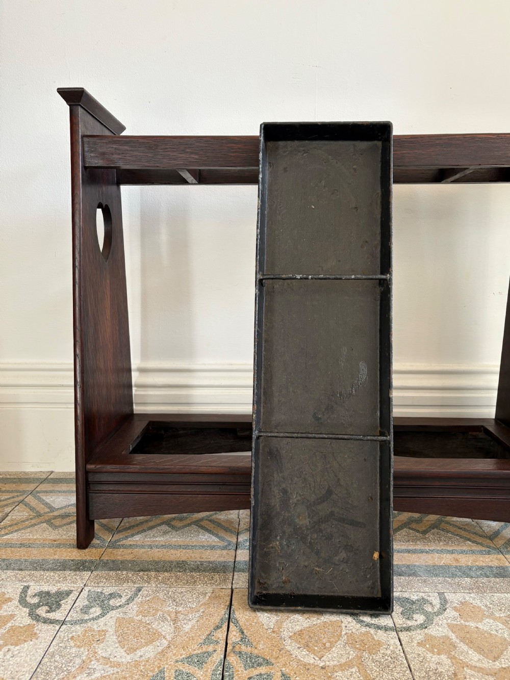 Arts and Crafts, Oak Stick Stand with Original Tray, Retailed by Liberty C1910 View VII