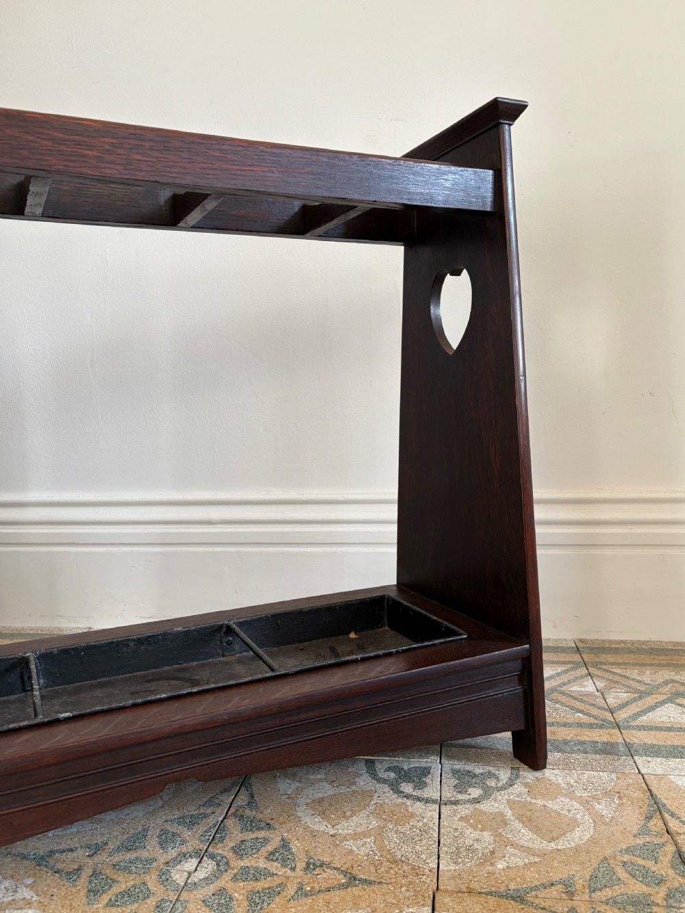 Arts and Crafts, Oak Stick Stand with Original Tray, Retailed by Liberty C1910 View IX