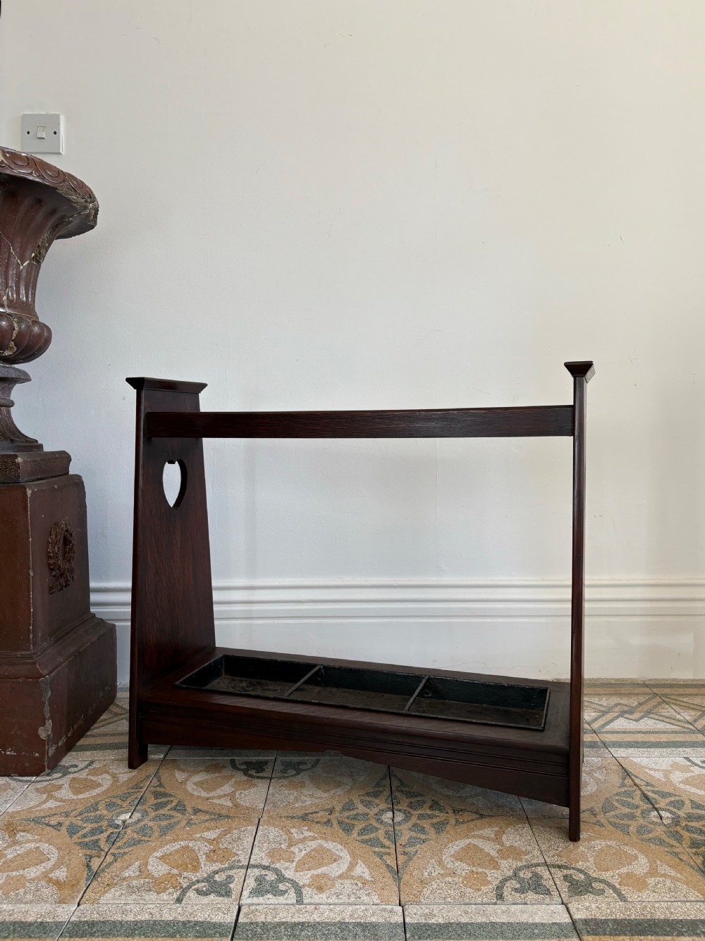 Arts and Crafts, Oak Stick Stand with Original Tray, Retailed by Liberty C1910 View X