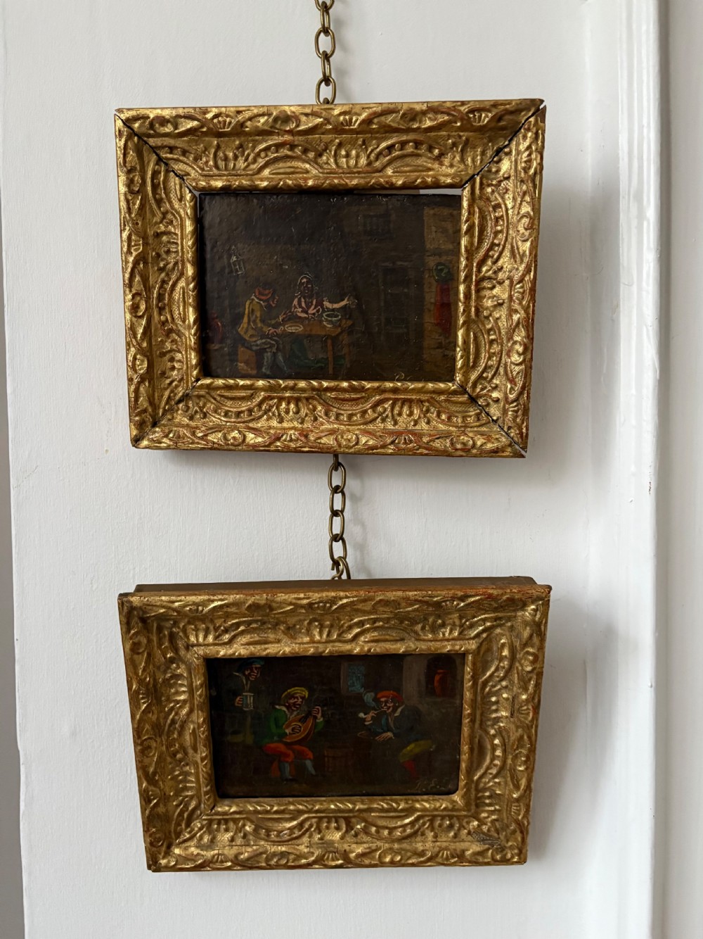 A Pair of Late 17thC Dutch School, Oil on Oak signed Tavern Scene Cartoons 20cm View XI