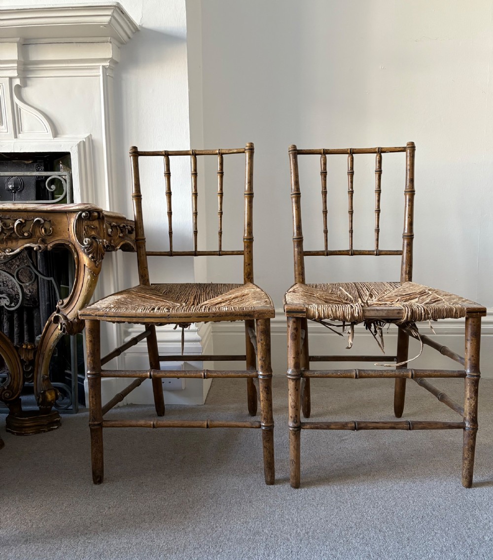 Pair of Regency Faux Bamboo Chairs, Distressed Rush Seating Ready to Upholster