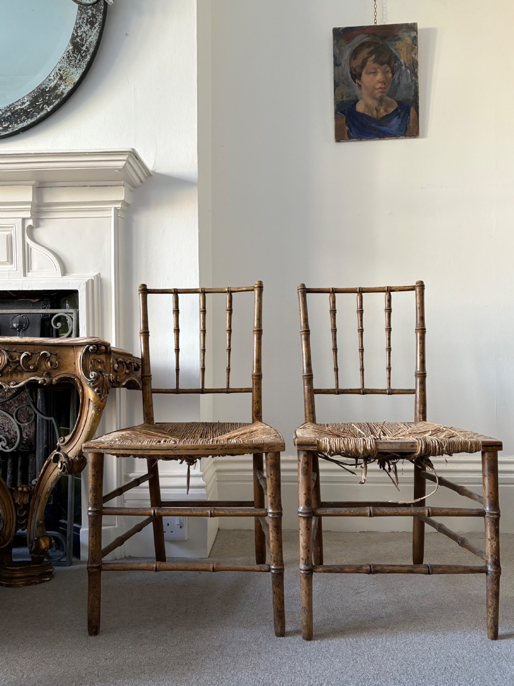 Pair of Regency Faux Bamboo Chairs, Distressed Rush Seating Ready to Upholster View II