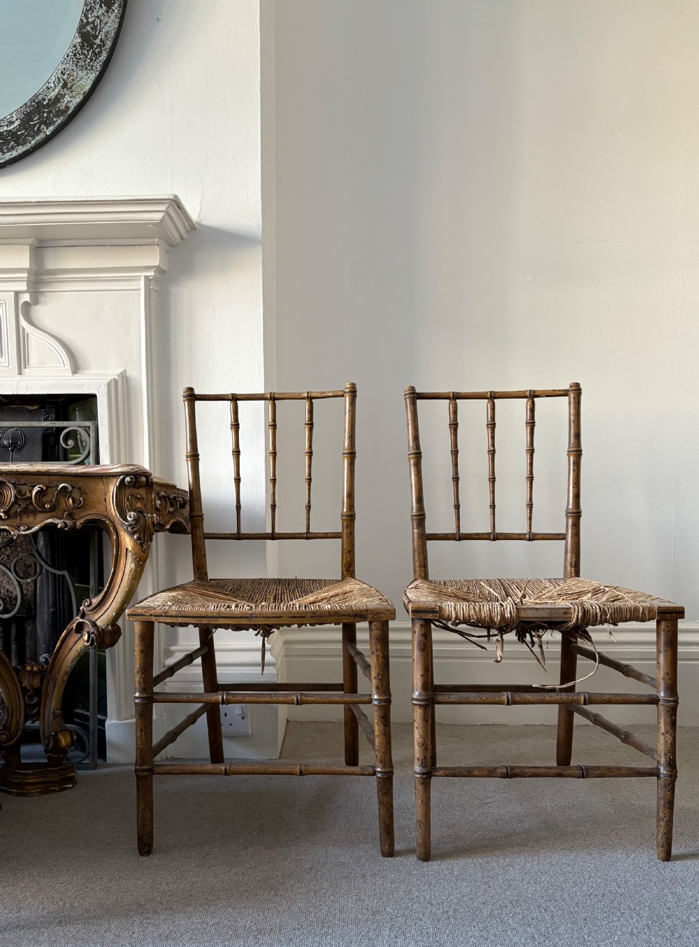 Pair of Regency Faux Bamboo Chairs, Distressed Rush Seating Ready to Upholster View V