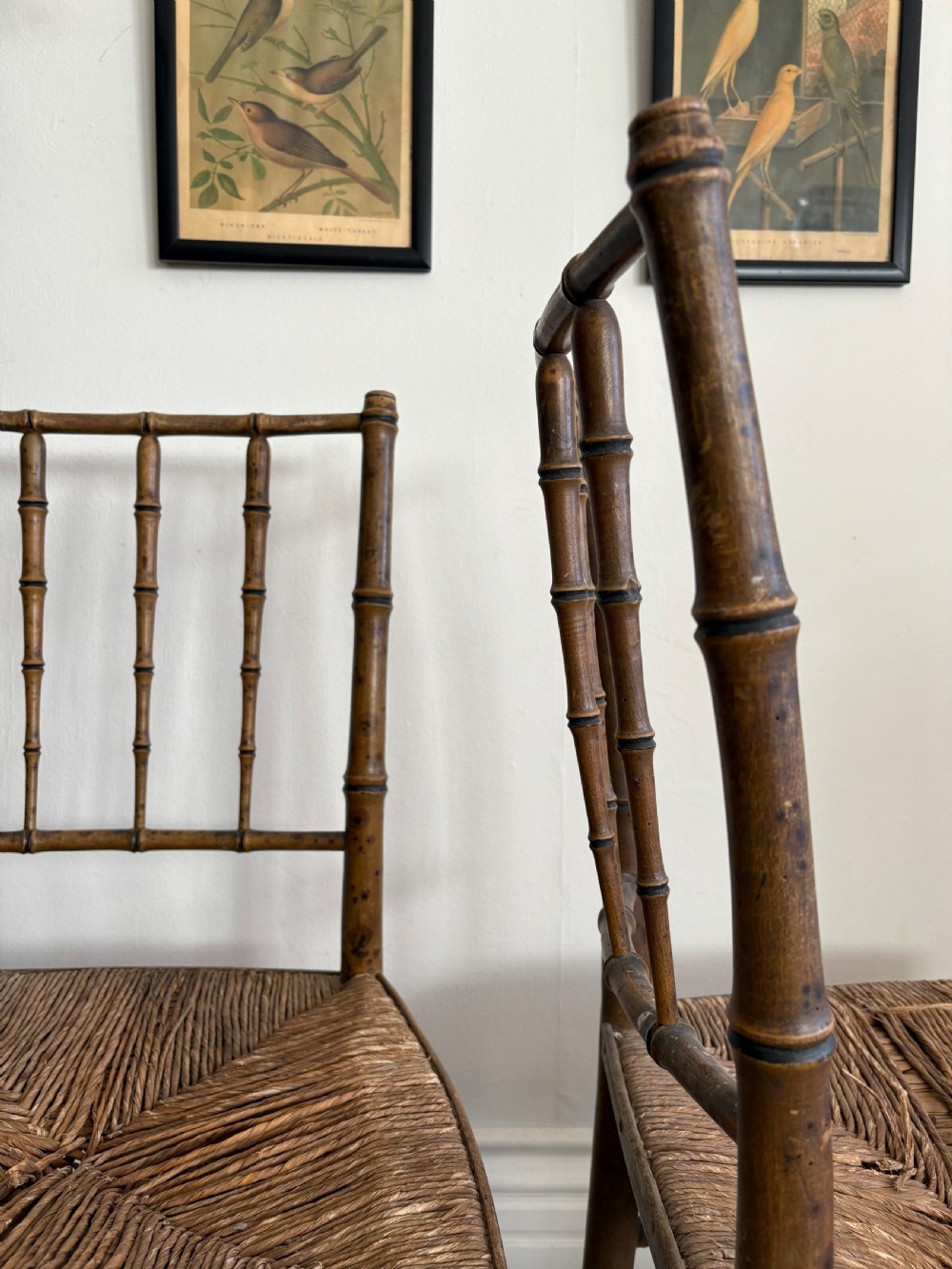Pair of Regency Faux Bamboo Chairs, Distressed Rush Seating Ready to Upholster View VI