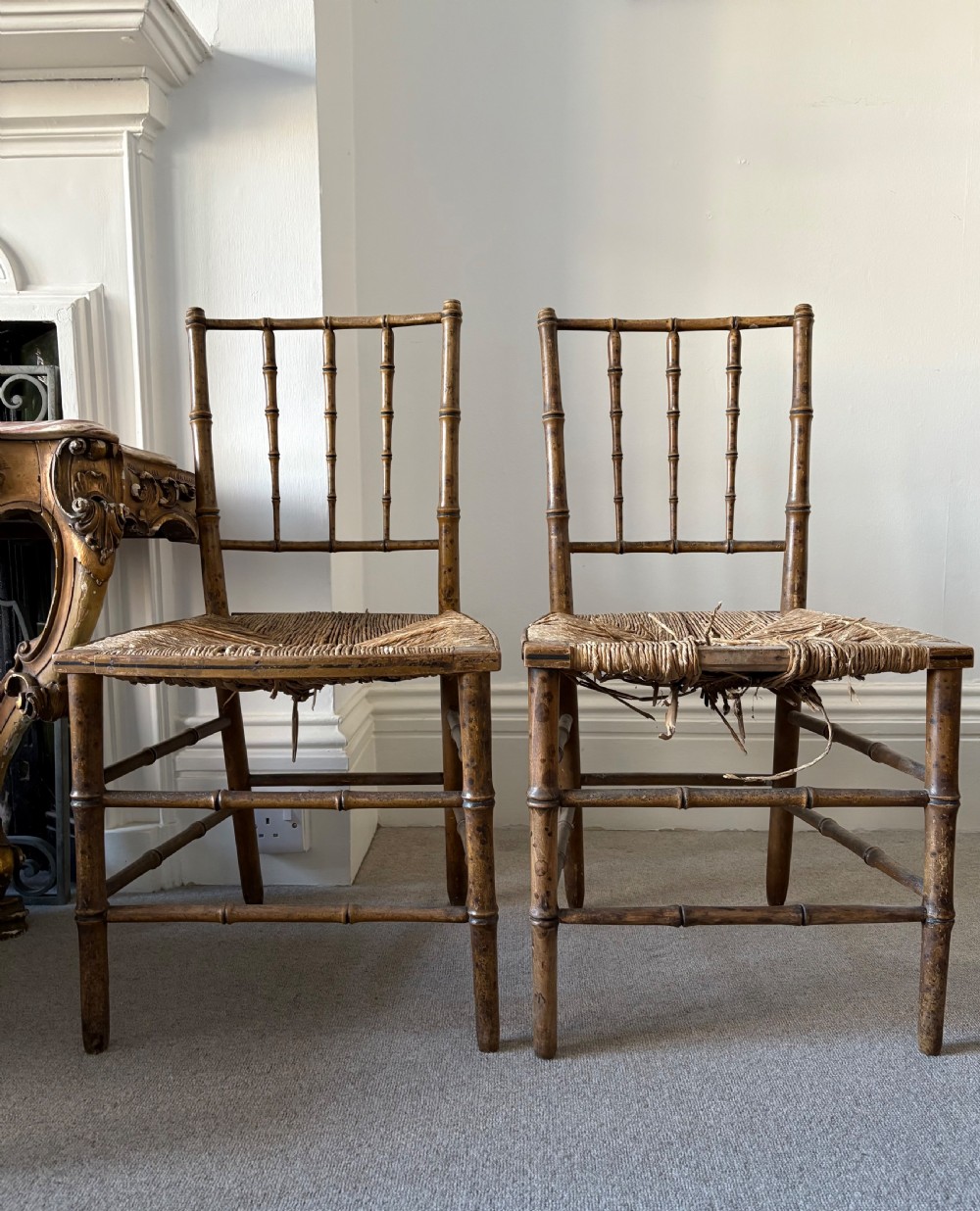 Pair of Regency Faux Bamboo Chairs, Distressed Rush Seating Ready to Upholster View IX