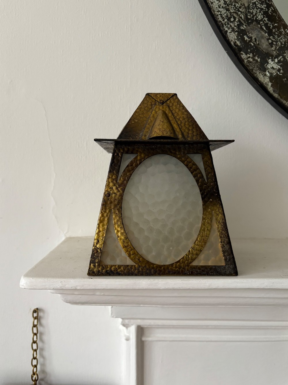 Arts and Crafts Hammered Brass Hall Lantern, 20cm C1910 with Original Glass