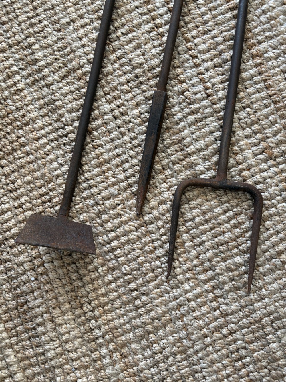 A Large Estate Made Set of 3 Wrought Iron Fire Tools 128cm Country House Antique View IV