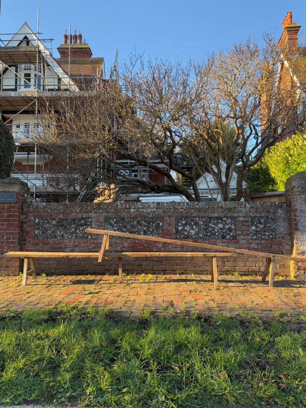 A Pair of French Early 20th Century Provincial Oak Trestle Benches, 346cm