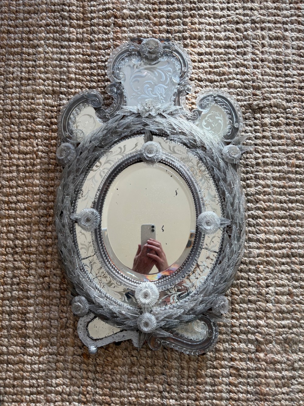 A Rare 19th Century Baroque Venetian Oval Mirror, 74cm with Foxing, some losses