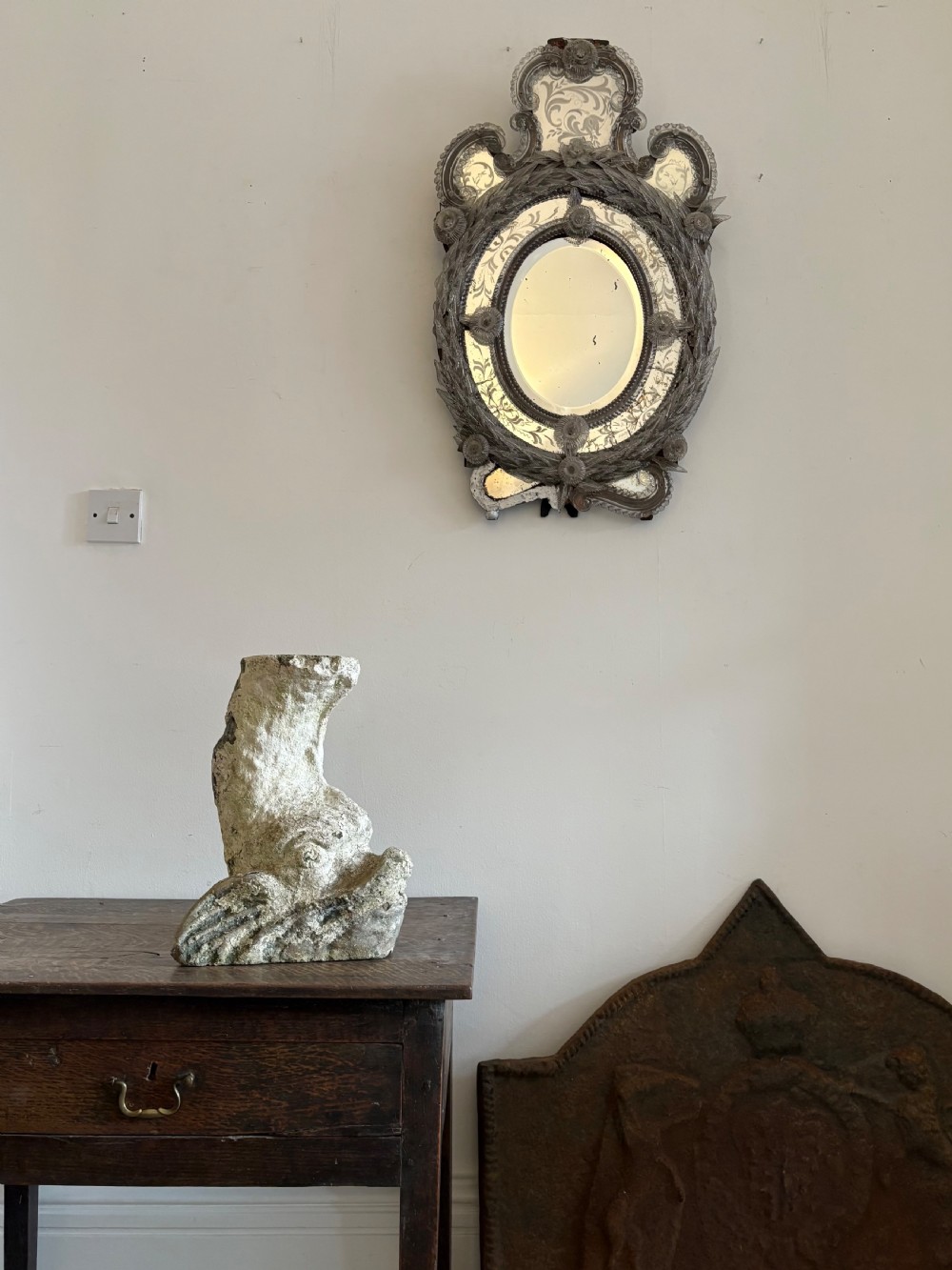 A Rare 19th Century Baroque Venetian Oval Mirror, 74cm with Foxing, some losses View XV