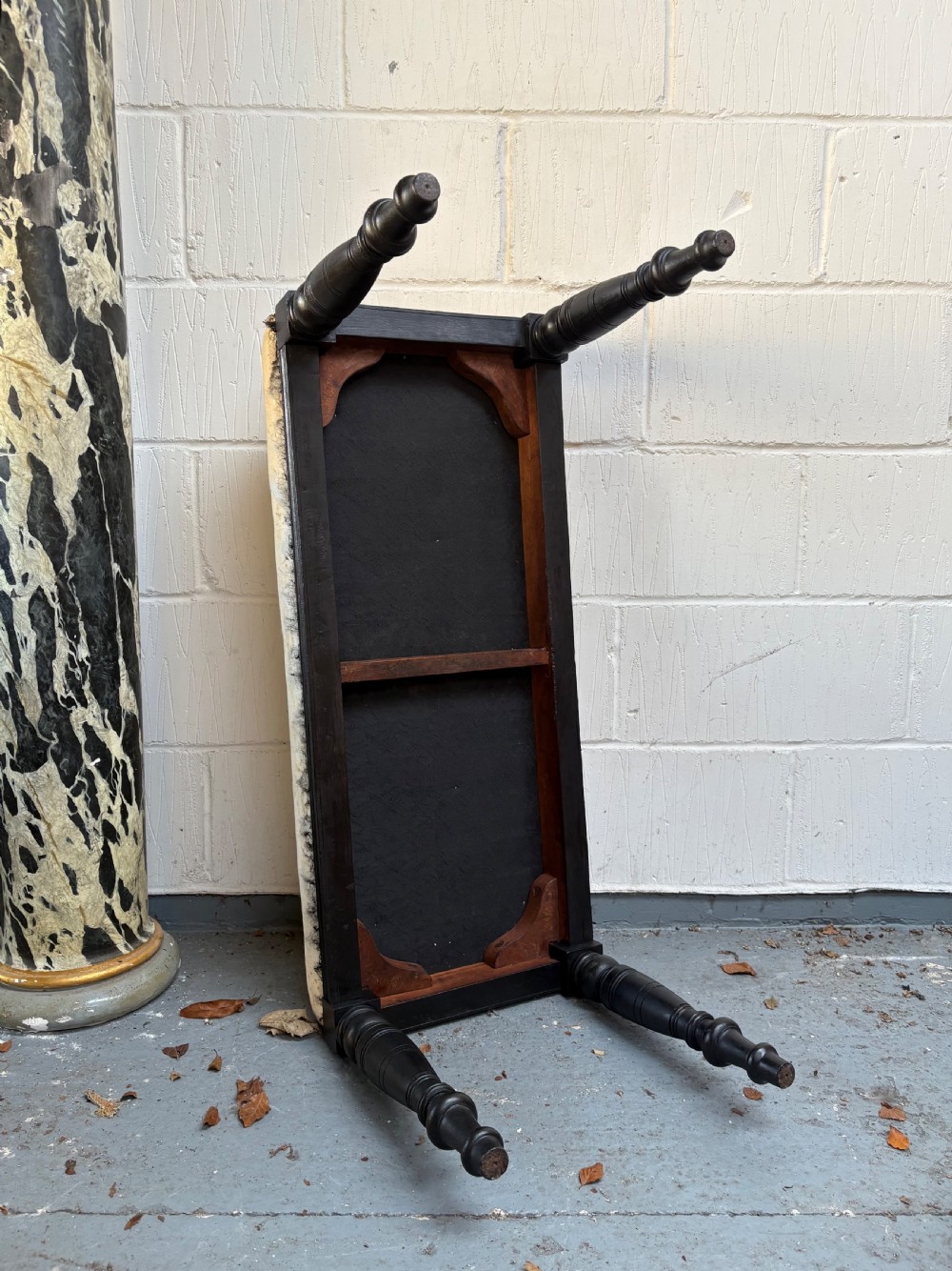 Antique Window Stool Seat, 19th Century Ebonised Legs, Calico and Horsehair 95cm View V