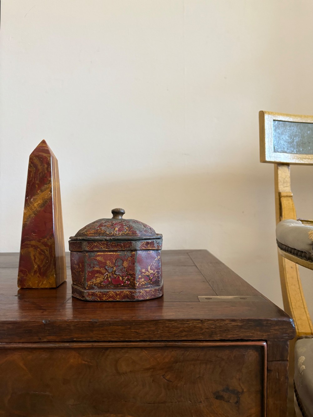 English Antique George 111 Red Chinoiserie Lead Tobacco Caddy Trinket Box with Lid, C1800, 12cm View XIV