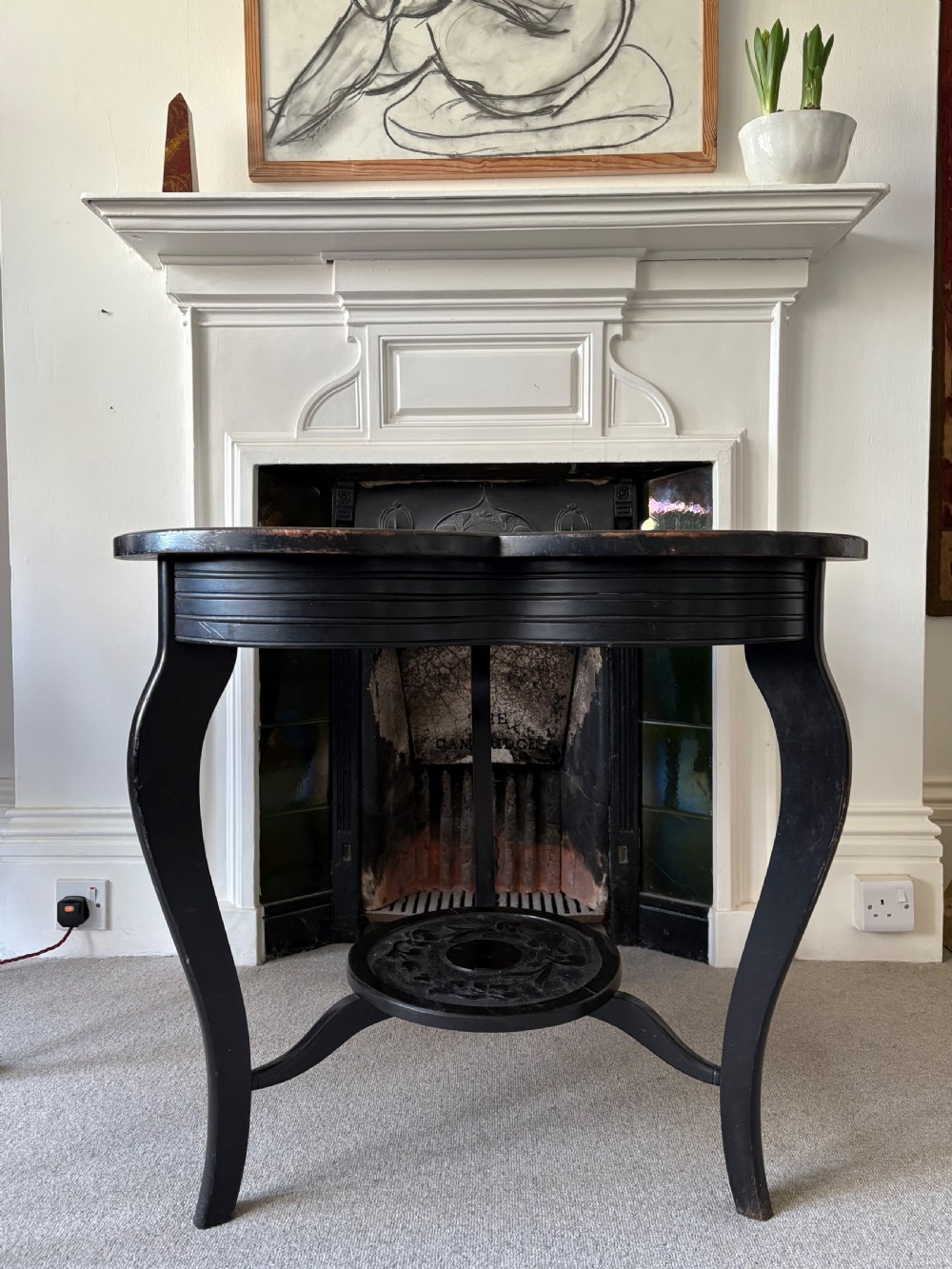 A Late 19thC Arts and Crafts, Carved Ebonised Trefoil Centre Table, 77cm wide