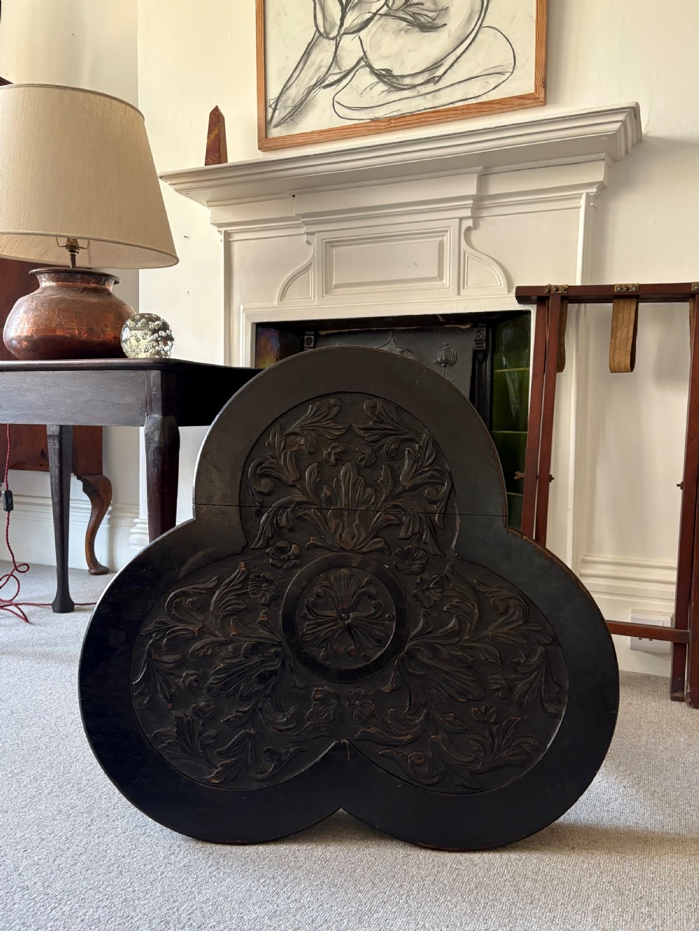 A Late 19thC Arts and Crafts, Carved Ebonised Trefoil Centre Table, 77cm wide View II
