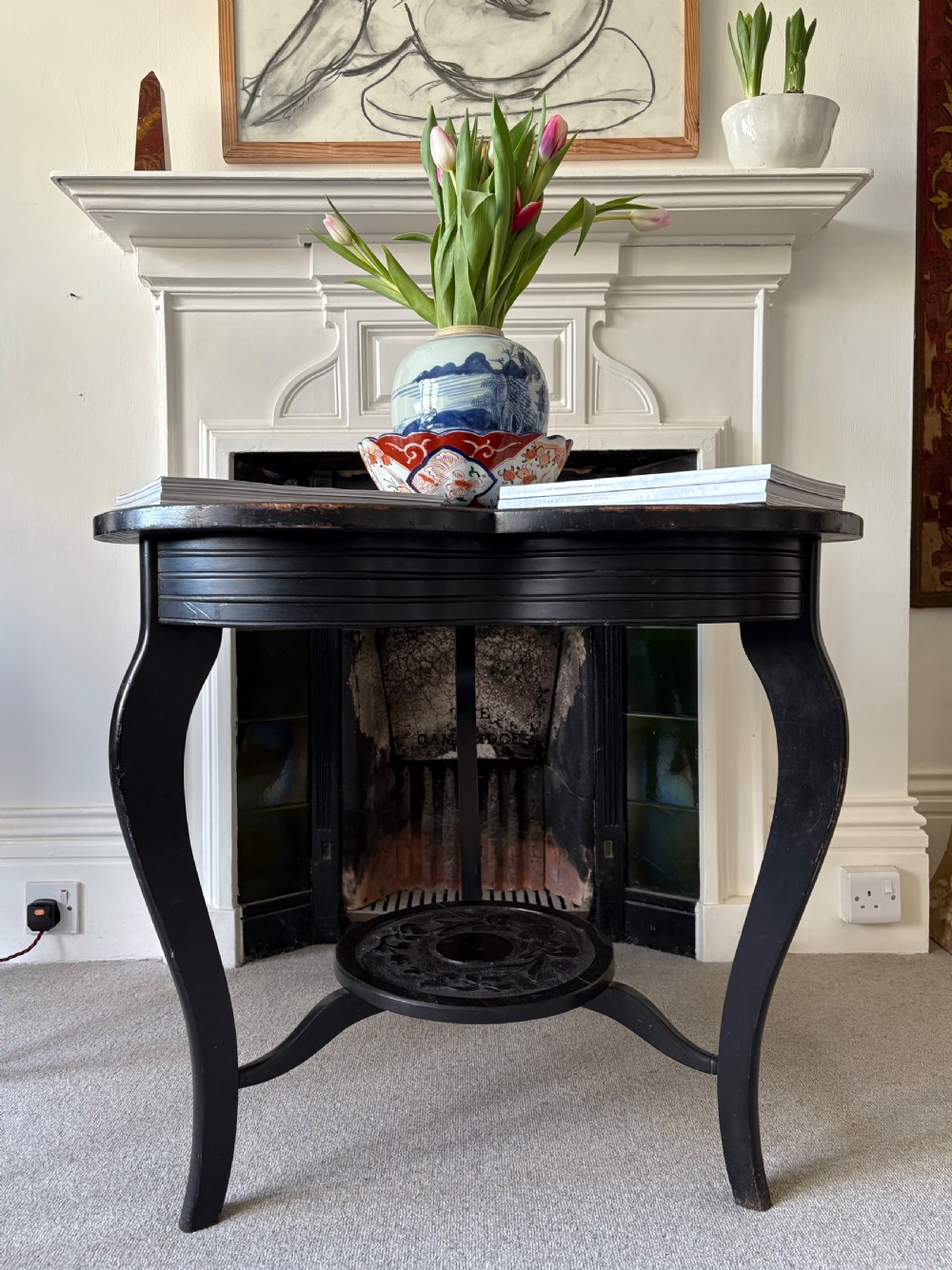 A Late 19thC Arts and Crafts, Carved Ebonised Trefoil Centre Table, 77cm wide View VI