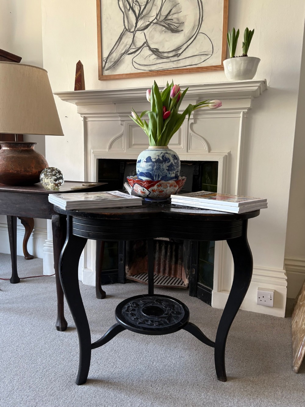 A Late 19thC Arts and Crafts, Carved Ebonised Trefoil Centre Table, 77cm wide View X
