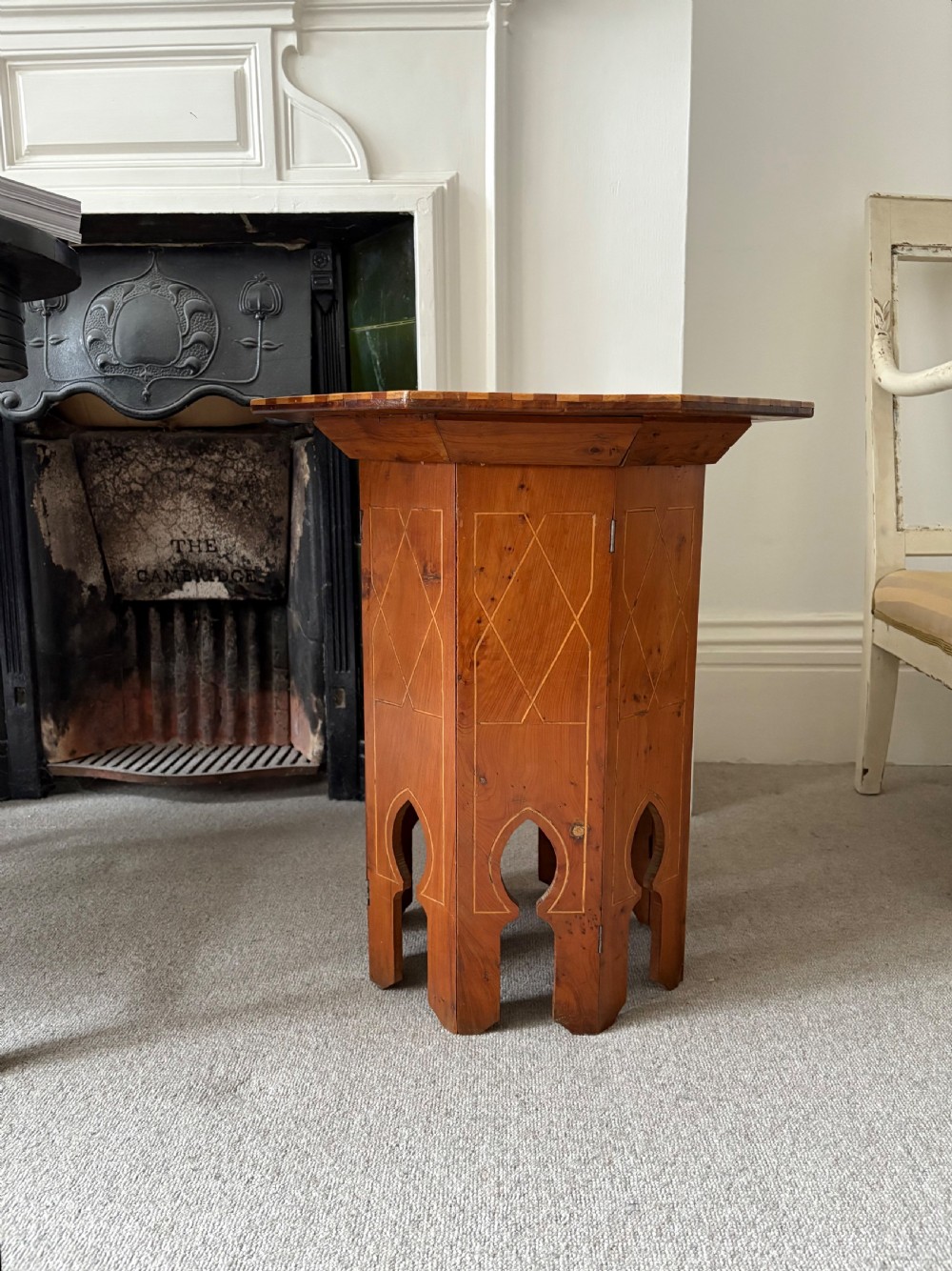A Moorish Amboyna Burr Inlaid Octagonal Table, C1900 with Arch Legs, 49cm wide