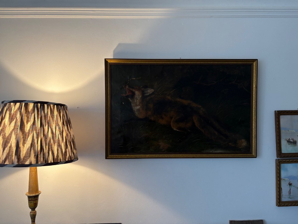 Antique Oil on Canvas Fox Wildlife Painting C1900, 90cm wide, framed View V
