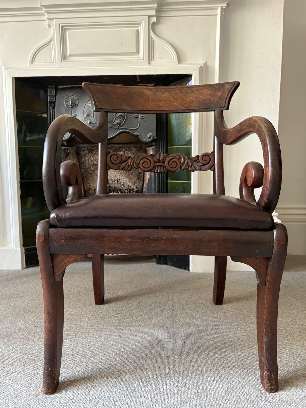 A Regency Scroll Arm Mahogany Chair with Leather Seat and Sabre Legs, C1820 View VIII