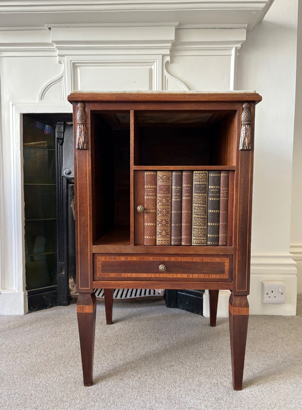 Early 20thC French Empire Style Mahogany Inlaid Bedside Cupboard, Faux Bookends