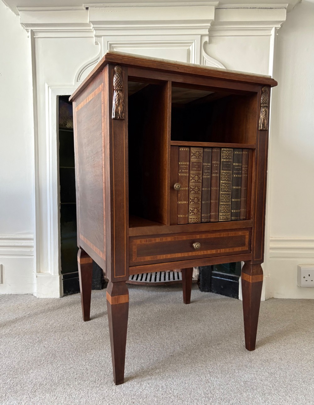 Early 20thC French Empire Style Mahogany Inlaid Bedside Cupboard, Faux Bookends View VI