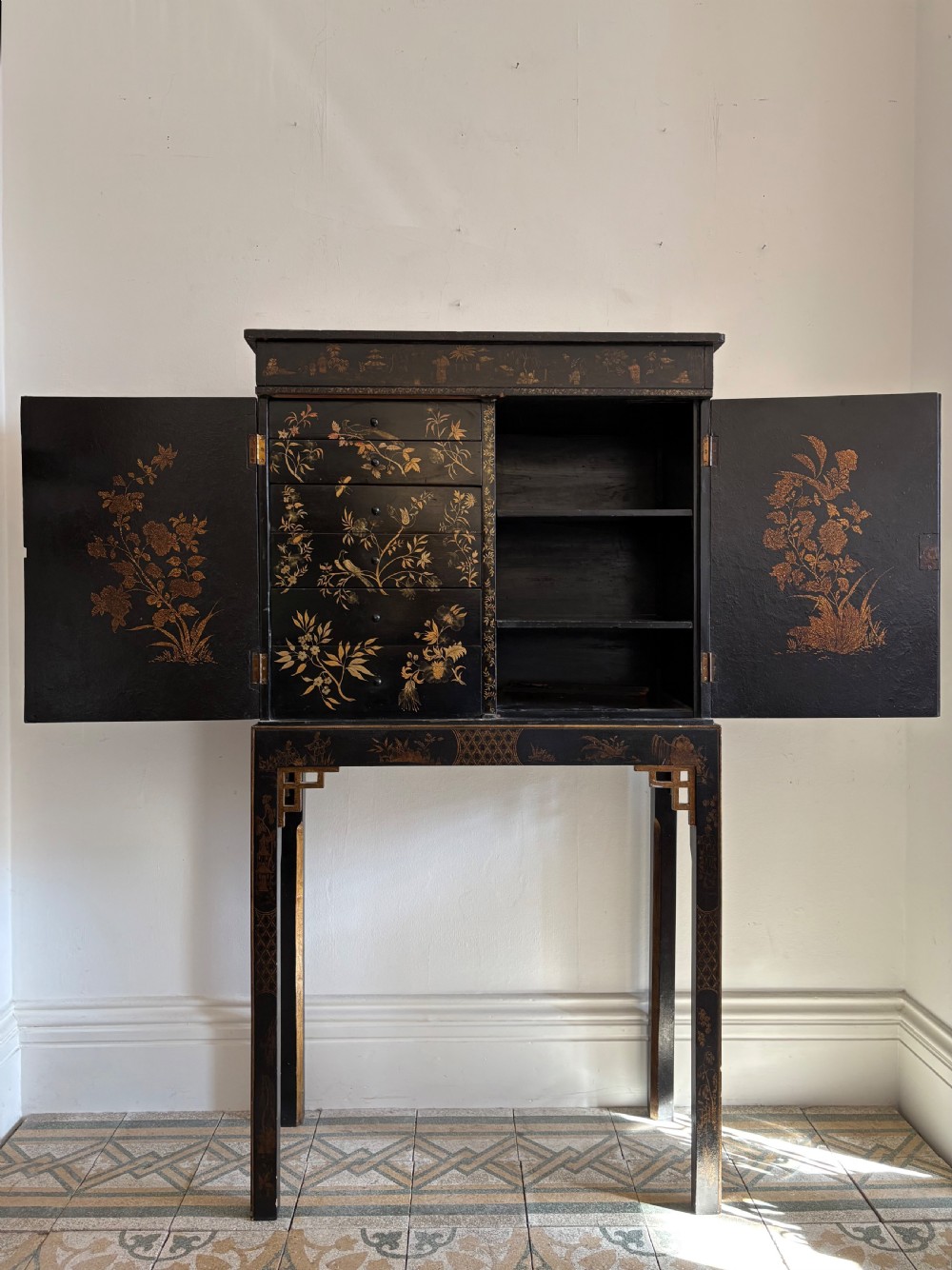 A Chinoiserie 2 Door Lacquer Cabinet on Stand C1930-50s, 152cm tall