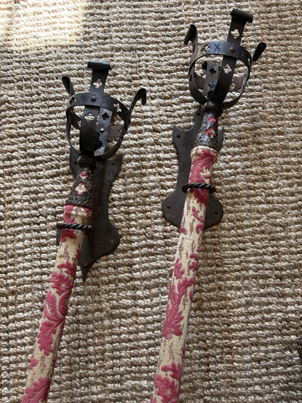 French Pair 18thC Wrought Iron Chateau Wall Sconce Torcheres converted to electric 93cm View III