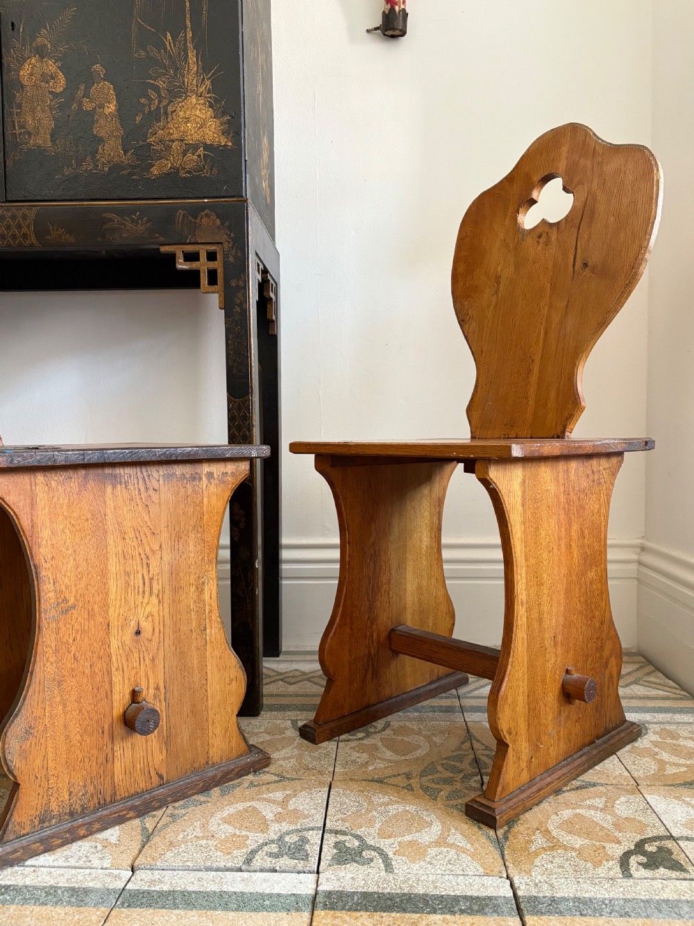 A Pair of Early 20th Century Gothic Revival English Oak Hall Chairs, C1900 View II
